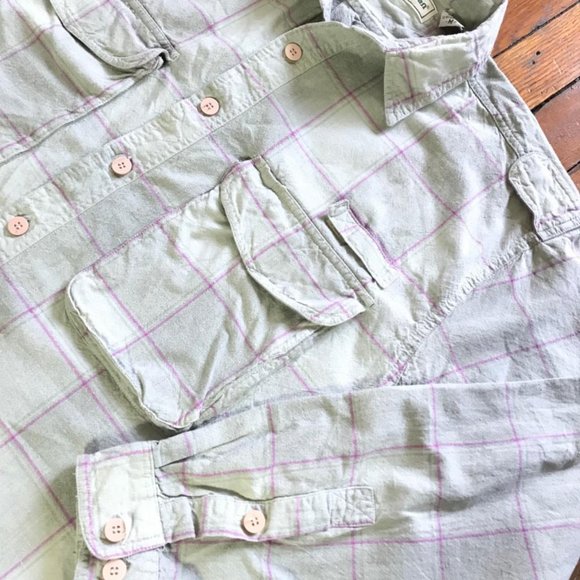 Vintage 90s L.L. Bean Men White Grey Pink Plaid Elastic Back Button Down Shirt - Picture 2 of 4